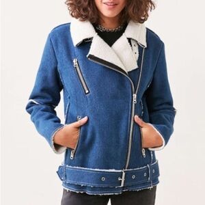 J.O.A. Denim Sherpa Lined Aviator Jacket Size Small